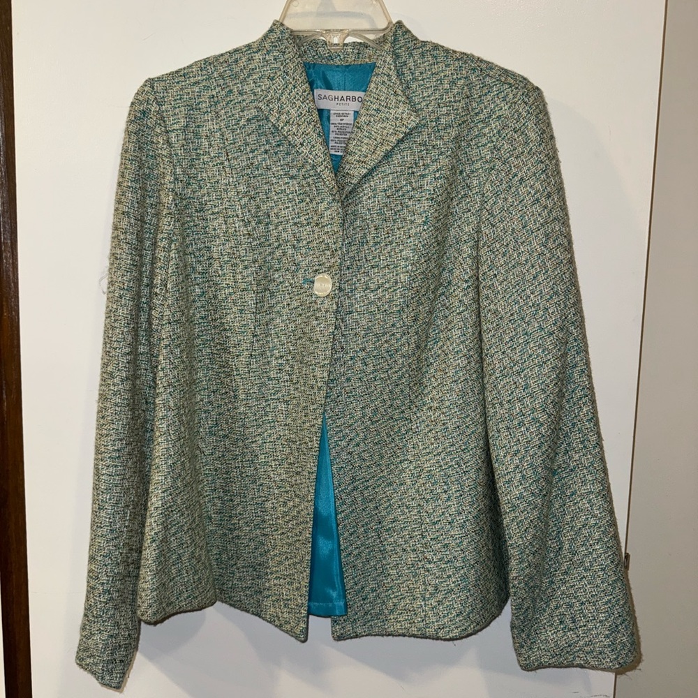SAG HARBOR  Aqua Blue with Green Accent Collar One Button Tweed Jacket - SZ 8P
